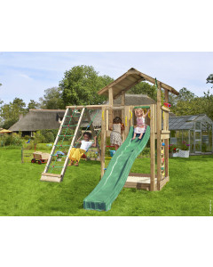Jungle Chalet | Houten speeltoestel met schommel & klimnet