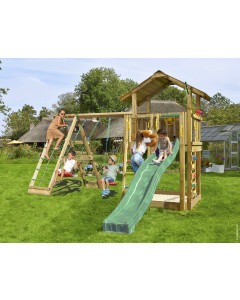 Jungle Chalet | Houten speeltoestel met schommels & klimnet
