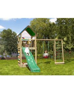 Jungle Lodge | Houten speeltoestel met schommel & klimnet