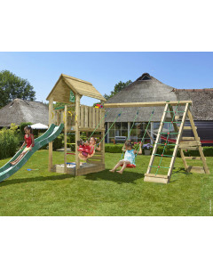 Jungle Cabin | Houten speeltoestel met schommels & klimnet