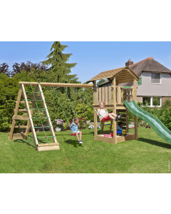 Jungle Cottage | Houten speeltoestel met schommels & klimnet