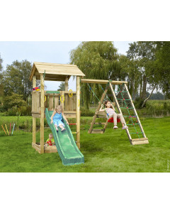 Jungle Casa | Houten speeltoestel met schommel & klimnet