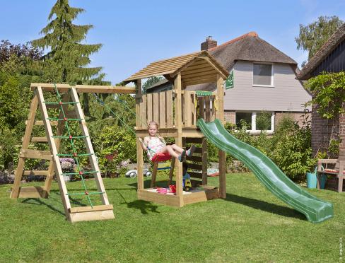 Jungle Cottage | Houten speeltoestel met schommel & klimnet