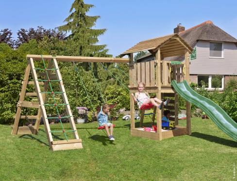 Jungle Cottage | Houten speeltoestel met schommels & klimnet