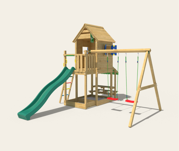 Houten speelhuisjes met glijbaan en schommel