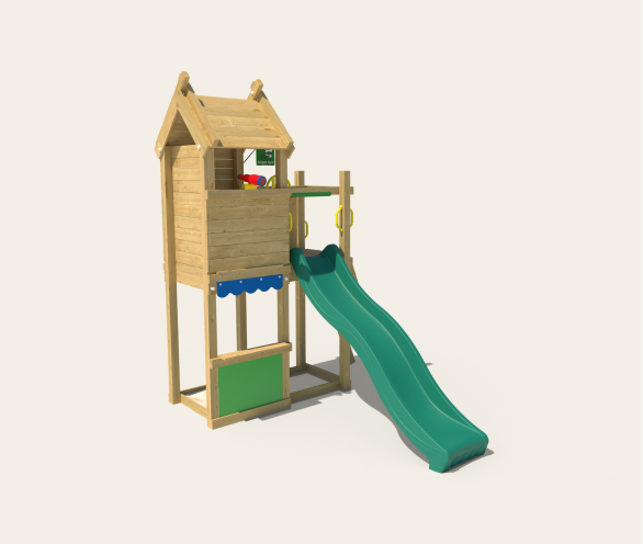 Houten speelhuisjes met glijbaan