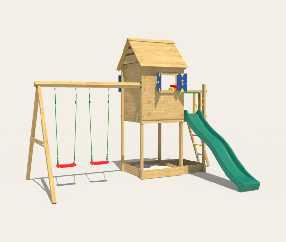 Houten speelhuisjes met schommel